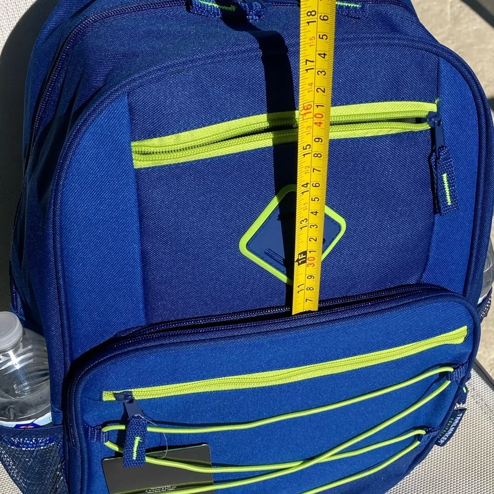 Blue Backpack with Green Trim Side Pockets New